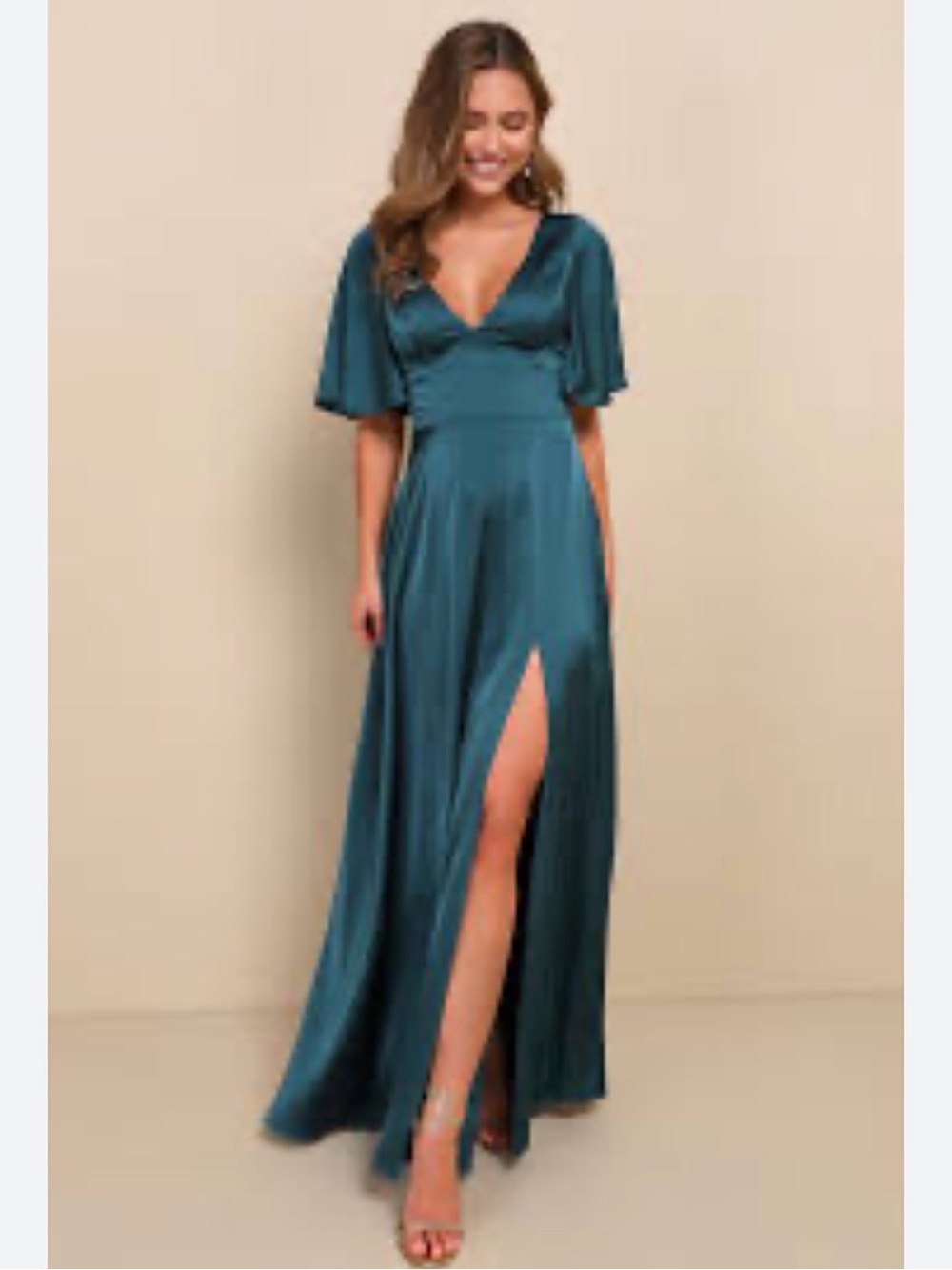 Lulu's Teal Satin Maxi Dress with Front Slit